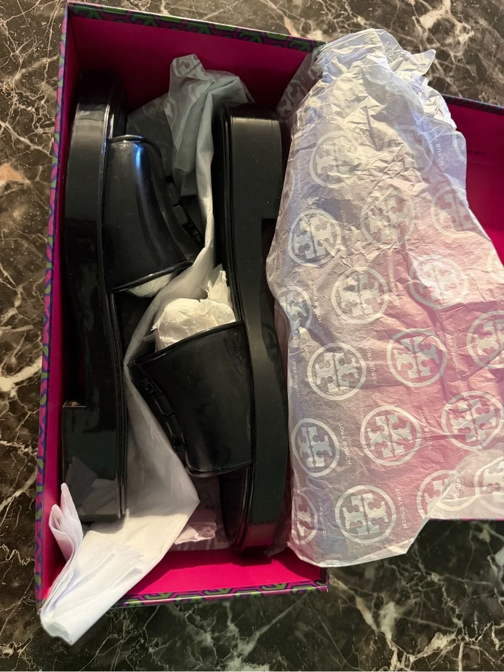 Tory Burch Black Patent Platform Slide Sandals